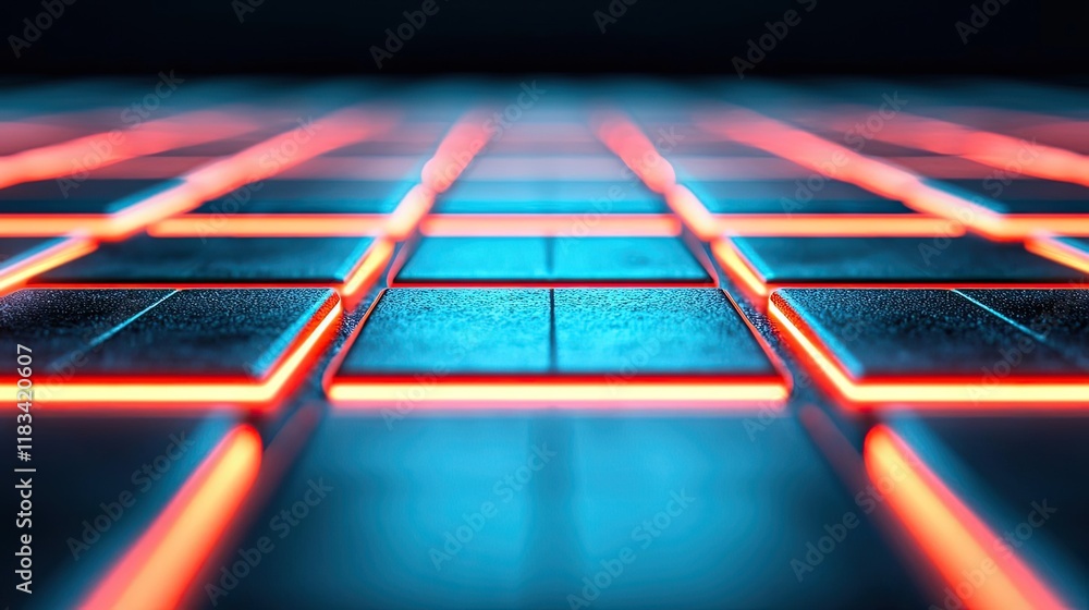 Poster floor abstract background concept. a futuristic grid pattern illuminated by vibrant neon lights in a