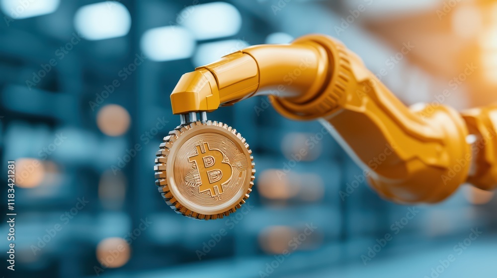 Poster robotic arm holding bitcoin token in high-tech environment