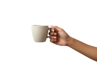Hand holding a cup isolated on white background, no depth of field, sharp.