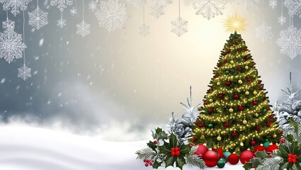 Obraz premium Snow-Covered Christmas Tree with Colorful Ornaments and Gift Boxes in a Winter Wonderland
