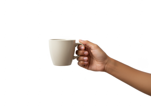 Hand holding a cup isolated on white background, no depth of field, sharp.