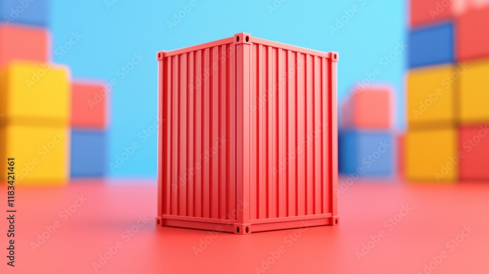 Poster bright red shipping container surrounded by colorful blocks