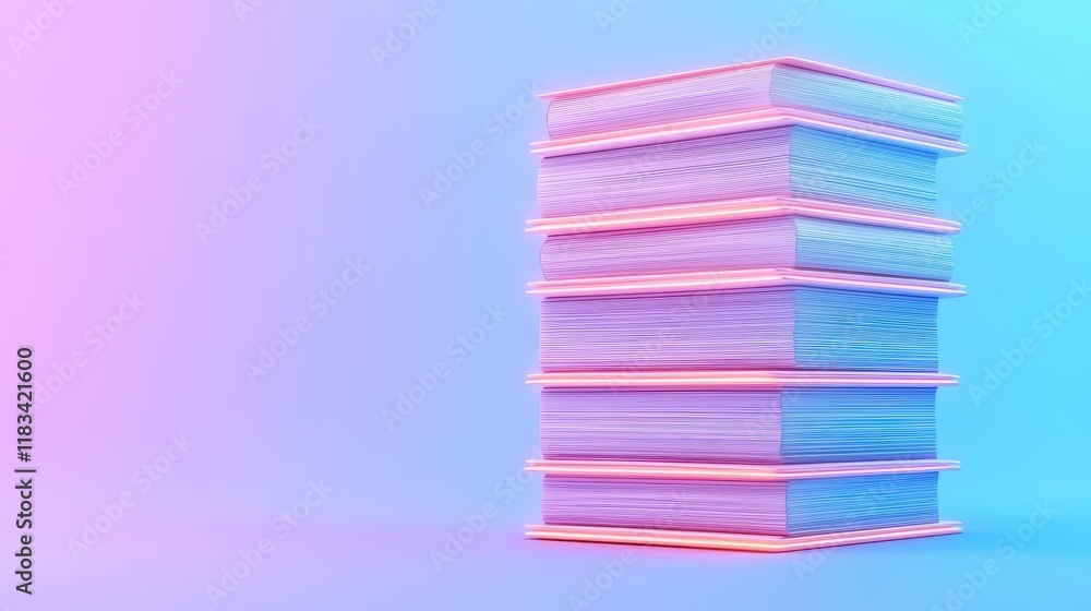 Poster stack of colorful books with neon lighting on a gradient background