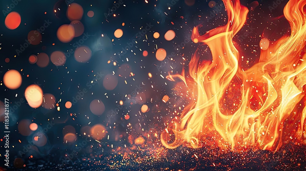 Poster fire abstract background idea. a close-up view of vibrant flames dancing with glowing sparks in a da
