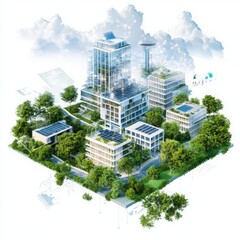 Innovative green building materials program urban environment architectural visualization sustainable design aerial view eco-friendly concept