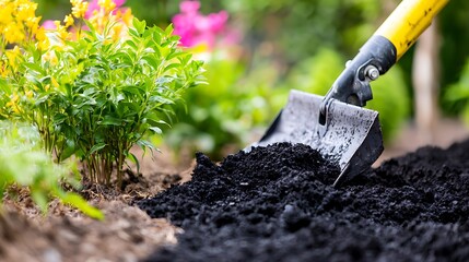 Close-up of a shovel full of dark soil being added to a garden bed next to blooming plants.