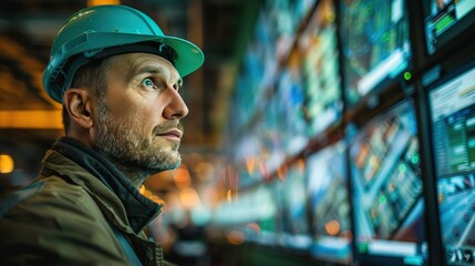 Focused gaze on a wall of screens; a worker in a teal helmet monitors data streams in a control room.  Intense concentration.