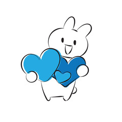 Cute loose hand-drawn illustration of a rabbit laughing with a blue heart symbol.