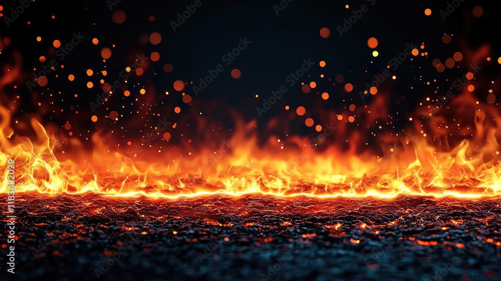 Poster fire abstract background idea. vivid flames with sparks creating an intense fire scene on a dark bac