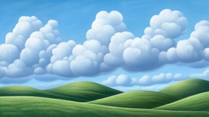 Obraz premium towering cumulus clouds gliding gracefully across the horizon, casting soft shadows over rolling green hills