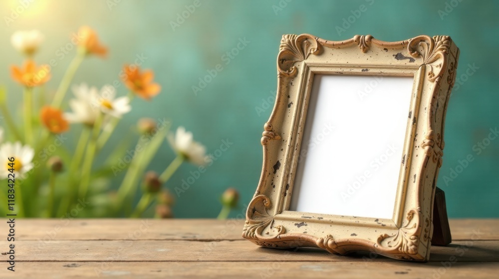 Poster empty ornate frame on wooden surface with blurred flowers in background