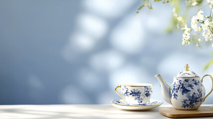 Fototapeta premium Elegant tea set with blue floral design on light background, evoking tranquility and charm