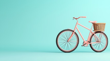 Fototapeta premium Vintage Pink Bicycle with Wicker Basket on Turquoise Background