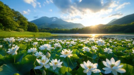 Tranquil Lotus Flowers Blooming in Serene Lake Surrounded by Mountains at Sunset