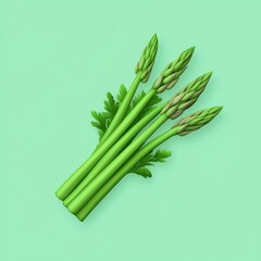 Fresh Green Asparagus with Leaves on a Light Green Background