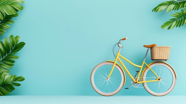 Bright Yellow Bicycle With Wicker Basket Against Aqua Background