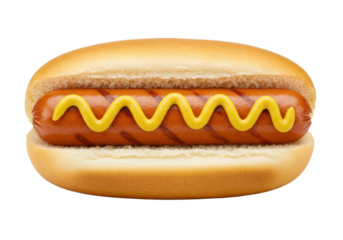 Classic hot dog with a zigzag of mustard on a soft bun isolated on white background