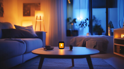 The home living room interior has a sofa and coffee table with decoration