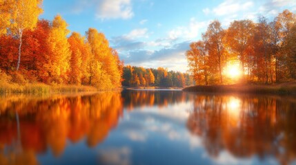 Obraz premium Serene Autumn Landscape with Colorful Trees Reflecting on Calm Lake Water
