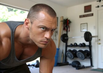Close-up Photo Intensely Focused Muscular Man Posing in Home Gym Setting.