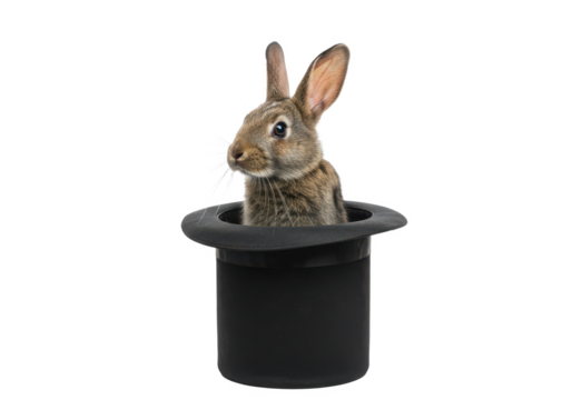 Rabbit appear inside magician hat isolated on white background, no depth of field, sharp.