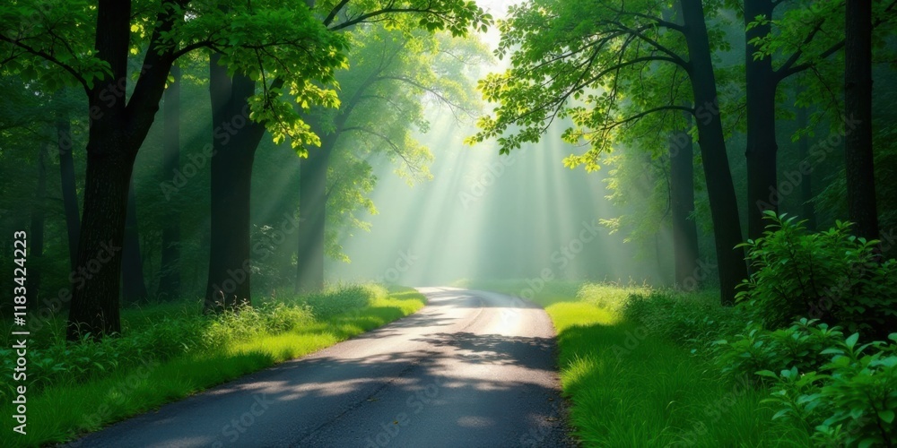 Poster serene forest path illuminated by sunbeams at dawn