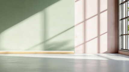 Fototapeta premium serene interior space featuring blush pink and sage green walls, with soft shadows creating calming atmosphere