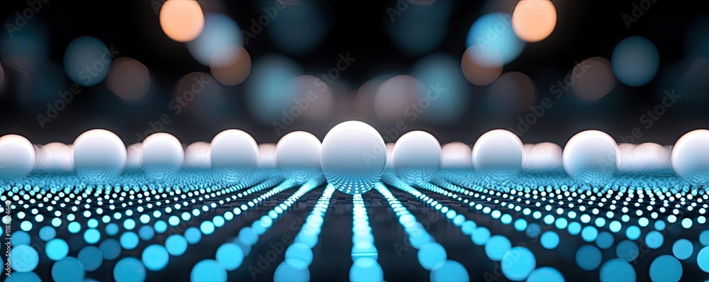 Poster dots abstract background concept. abstract view of spheres on a digital landscape with glowing blue 