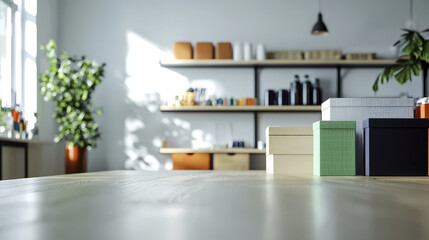 Bright and airy workspace with colorful boxes and plants, creating serene atmosphere