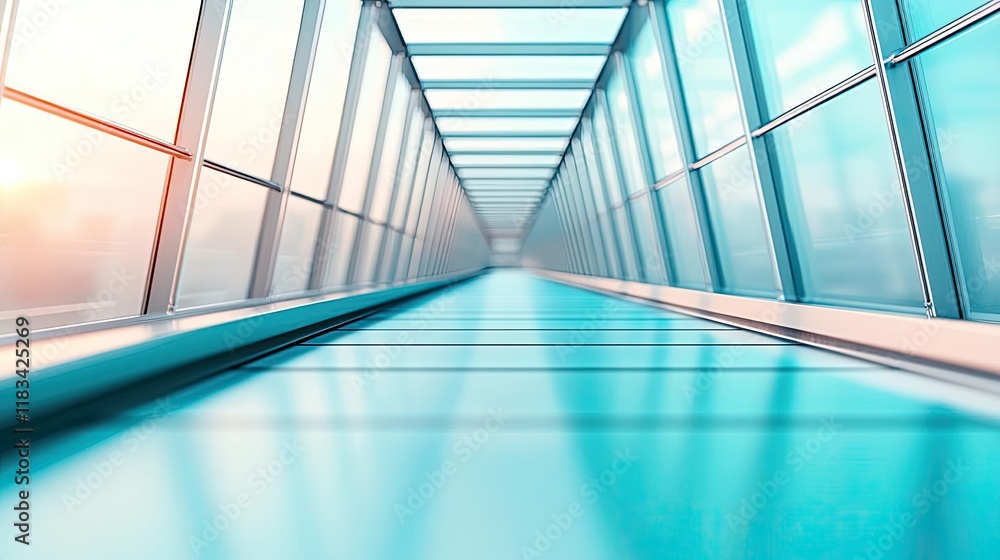 Poster Floor abstract background concept. Futuristic walkway with glass architecture and soft sunlight for a modern aesthetic.