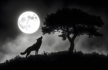 Wolf Howling at the Moon Under a Silhouetted Tree
