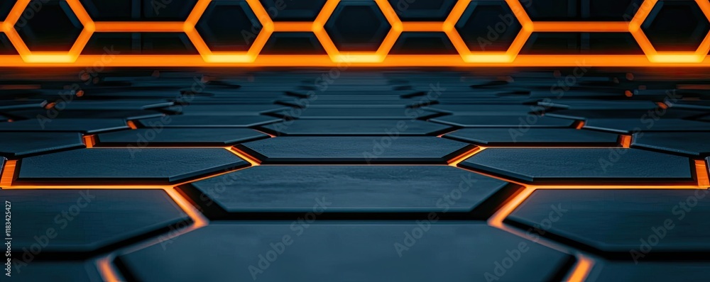 Poster floor abstract background concept. futuristic hexagonal floor with glowing orange lines and dark bac