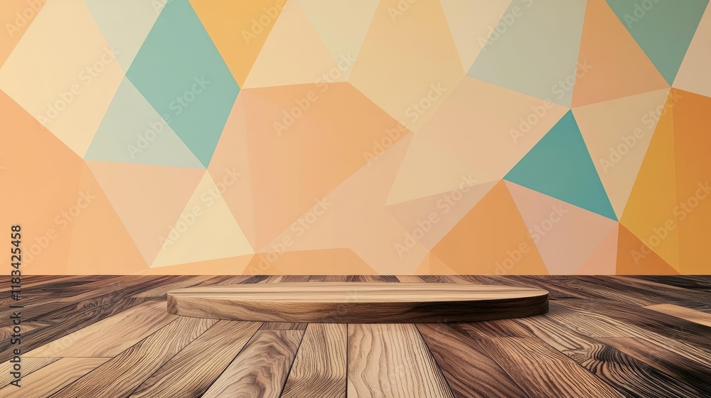 Poster floor abstract background concept. a modern wooden platform in front of a geometric patterned wall f