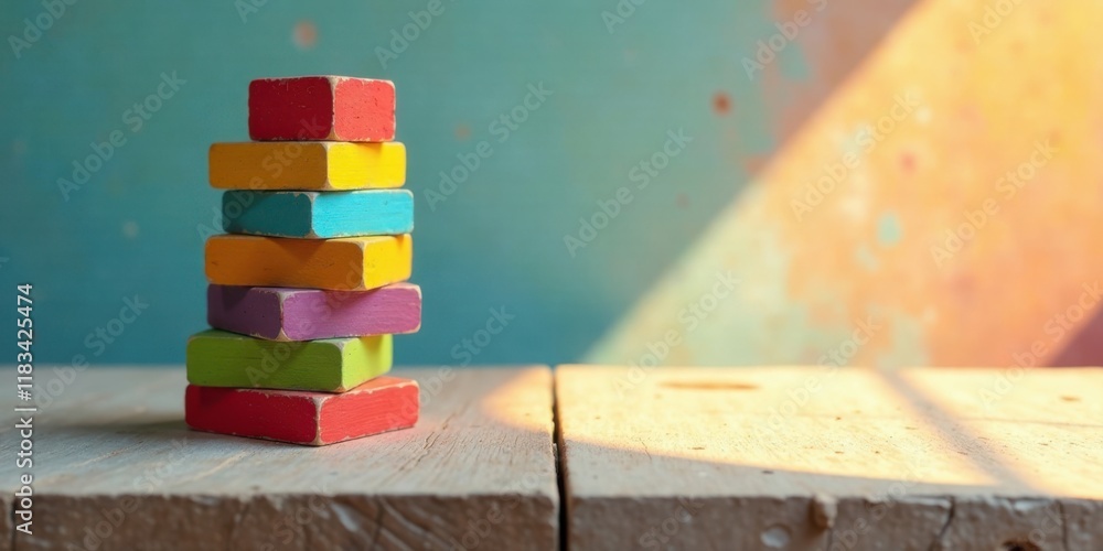 Poster stack of colorful wooden blocks on a rustic surface bathed in sunlight