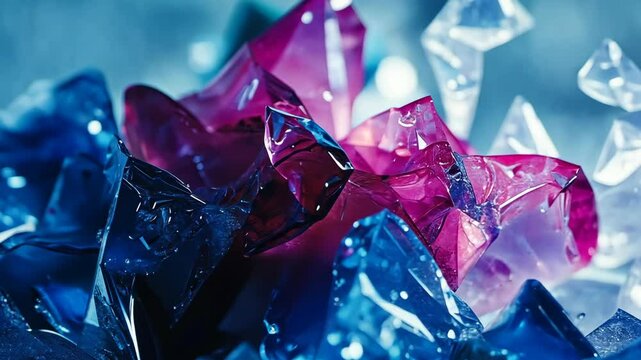 Colorful shards of translucent plastic arranged artistically on a reflective surface create a captivating pattern in natural light