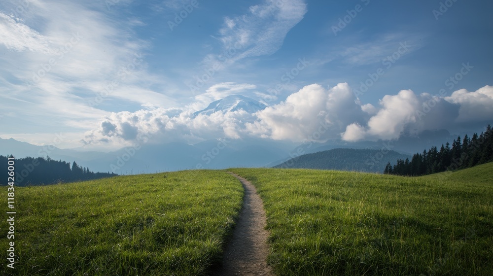 Poster a path winds through a lush green field with a mountain in the background