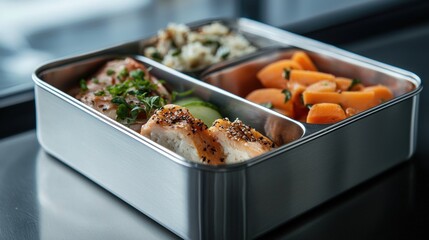 A silver container with a variety of food items including carrots, broccoli