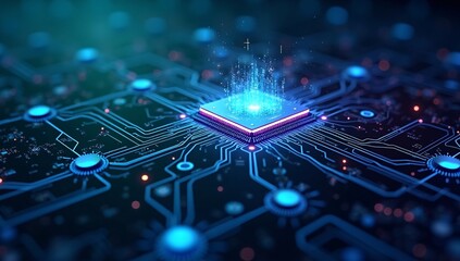 Obraz premium Illuminated circuit board featuring a central processor in technology setting