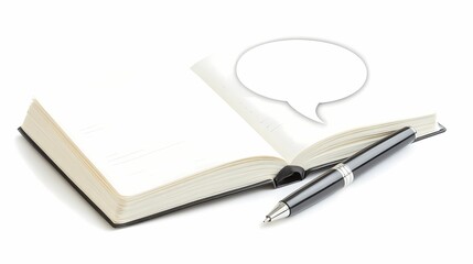 Naklejka premium Open notebook with blank pages and a silver pen resting beside it, ready for thoughts, ideas, or messages, with a speech bubble waiting for a written response or creative input