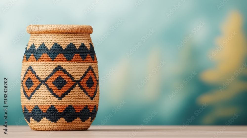 Poster handmade woven basket with geometric patterns on soft background