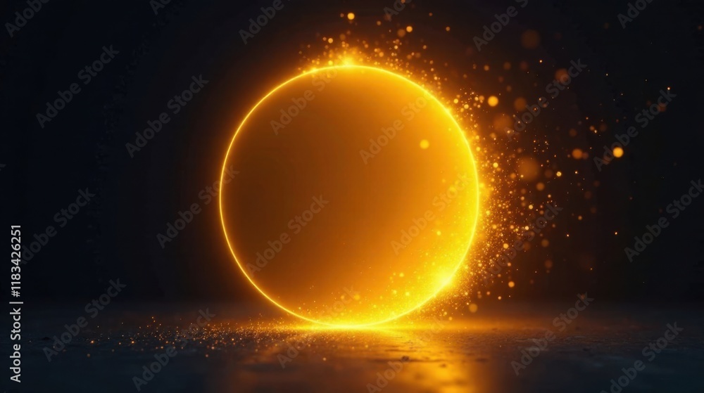 Poster golden circle of light and glowing particles on dark surface