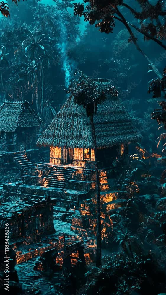 Poster ancient village illuminated by soft light in a mysterious rainforest at twilight