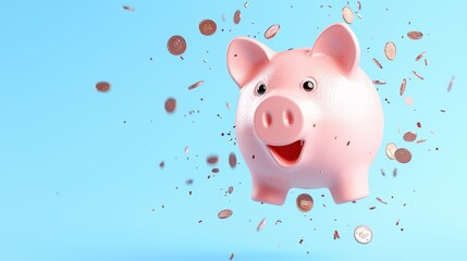 Cheerful Piggy Bank Surrounded by Flying Coins on Blue Background