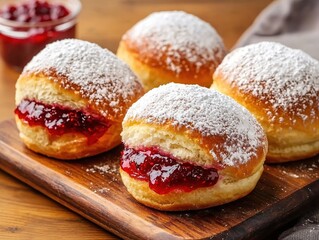 Delicious Sweet Buns with Raspberry Jam and Powdered Sugar Delightful Pastry Treat