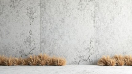 Minimalist interior design with textured wall and ornamental grass