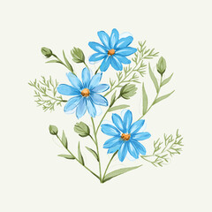 watercolor hand drawn blue flowers bouquet