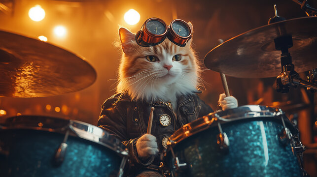  cat dressed in steampunk clothing playing a drum set on stage