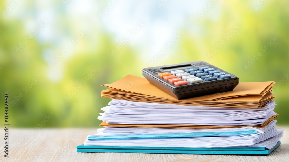 Poster calculator on stack of papers with green background and soft focus