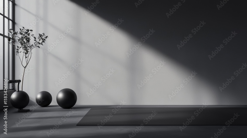 Poster a room with a black and white color scheme and a large window