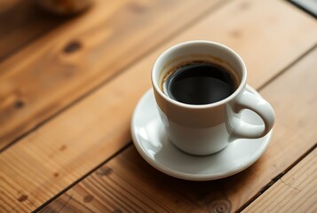 A cup of empty espresso coffee on the old wooden table in the morning